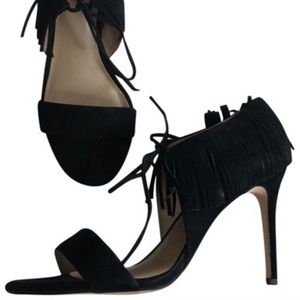 NIB Ann Taylor Black Suede Fringe Sandal Heels